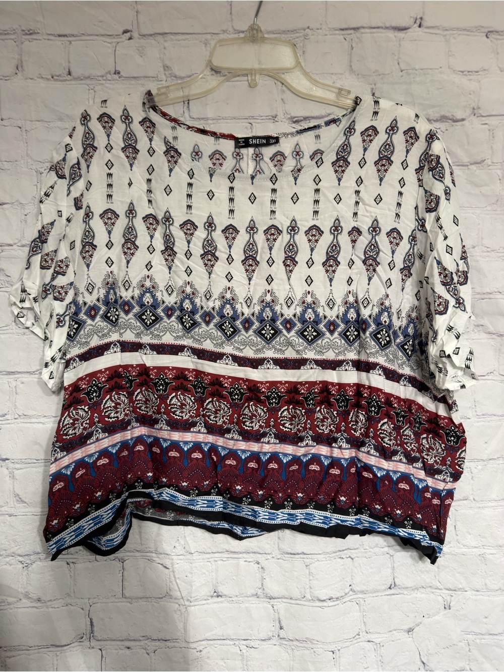 SHEIN White Red and Blue Printed Short Sleeve Blouse 3XL